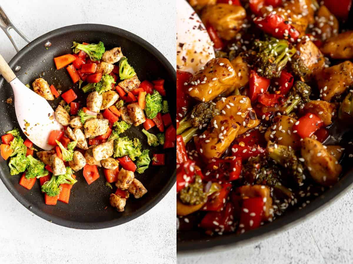 two images showing the chicken and veggies